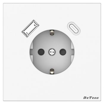 Единичен електрически контакт DeTech DE-9225-80, 1xUSB-А, 1xUSB-C, Шуко, Slim, Мат, За вграждане, 16А, 250V, IP20, Бял - 75083