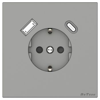 Единичен електрически контакт DeTech DE-9225-80, 1xUSB-А, 1xUSB-C, Шуко, Slim, Мат, 6А, 250V, За вграждане, IP20, Сив - 75104