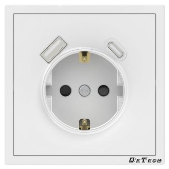 Single power socket DeTech DE-9227-80, 1xUSB-А, 1xUSB-C, Schuko, Concealed, 16A, 250V, IP20, White - 75115