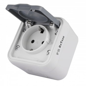 Single moisture-proof power socket DeTech DE-8008-9142, For built-in, Schuko, 250V, 16A, IP55, White - 75149