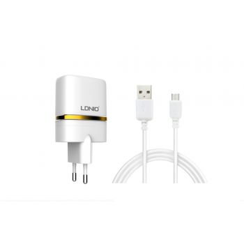 Мрежово зарядно устройство, LDNIO DL-AC52, 5V 2.4A, Универсално, 2 x USB, С Micro USB кабел, Бял